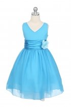 Turquoise Yoryu Chiffon Double V-Neck Flower Girl Dress