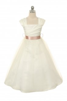 Ivory/Dusty Rose Satin Short Sleeve Flower Girl Dress