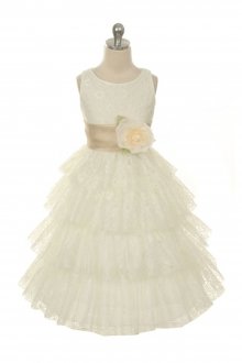 Ivory/Champagne Lace Layered Dress with Detachable Organza Sash