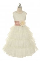 Ivory/Dusty Rose Lace Layered Dress with Detachable Organza Sash