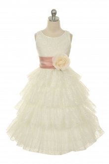 Ivory/Dusty Rose Lace Layered Dress with Detachable Organza Sash