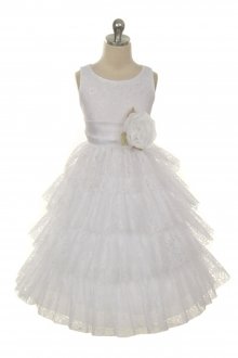 White/White Lace Layered Dress with Detachable Organza Sash