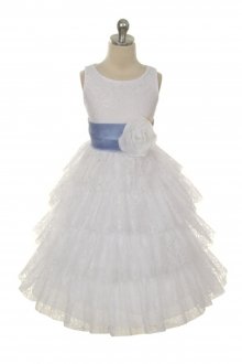 White/Periwinkle Blue Lace Layered Dress with Detachable Organza Sash
