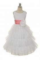 White/Coral Lace Layered Dress with Detachable Organza Sash