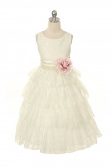 Ivory/Ivory Lace Layered Dress with Detachable Organza Sash