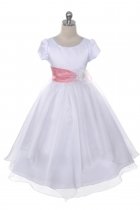 White/Coral Satin and Organza Flower Girl Dress