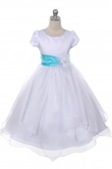 White/Turquoise Satin and Organza Flower Girl Dress