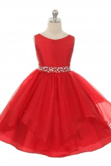 Red Taffeta and Organza Overlay with Rhinestone Waist Flower Girl Dress