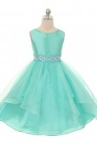 Mint Taffeta and Organza Overlay with Rhinestone Waist Flower Girl Dress