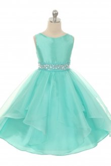 Mint Taffeta and Organza Overlay with Rhinestone Waist Flower Girl Dress