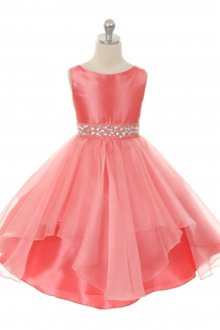 Coral Taffeta and Organza Overlay with Rhinestone Waist Flower Girl Dress