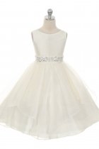 Ivory Taffeta and Organza Overlay with Rhinestone Waist Flower Girl Dress