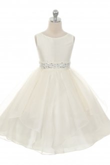 Ivory Taffeta and Organza Overlay with Rhinestone Waist Flower Girl Dress