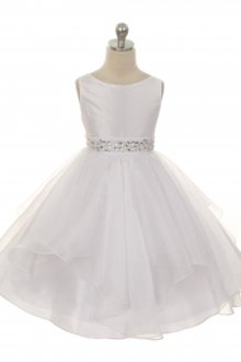 White Taffeta and Organza Overlay with Rhinestone Waist Flower Girl Dress