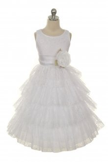 White/White Lace Layered Dress with Detachable Organza Sash