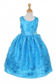 Turquoise 3D Flower Sequin Lace Dress with Flower Accent Flower Girl Dress