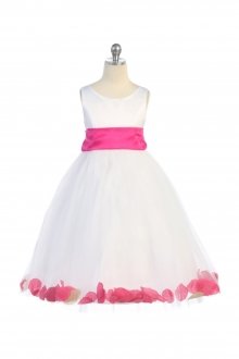 White/Fuchsia Satin & Tulle Flower Girl Dress with Petals & Sash