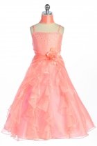 Coral Jeweled Bodice Ruffle Layered Organza Flower Girl Dress