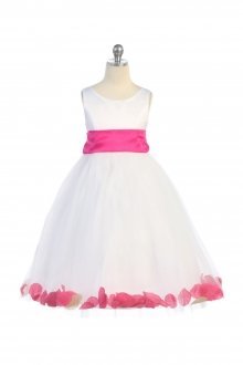 White/Fuchsia Satin & Tulle Flower Girl Dress with Petals & Sash