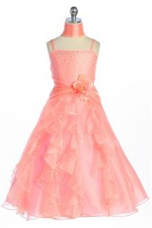 Coral Jeweled Bodice Ruffle Layered Organza Flower Girl Dress