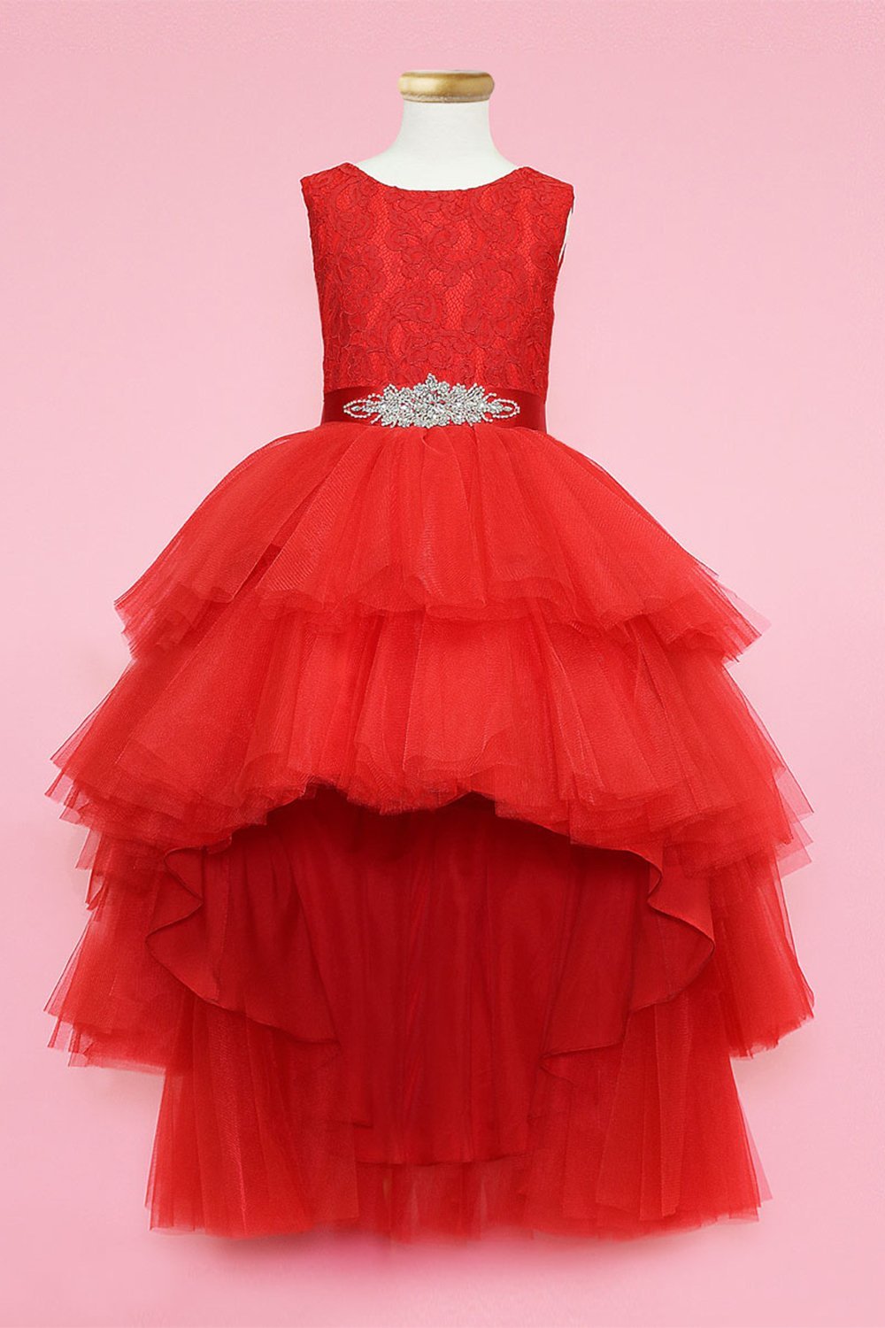 Red Beautiful Lace Top with Layered Hi-Low Dress