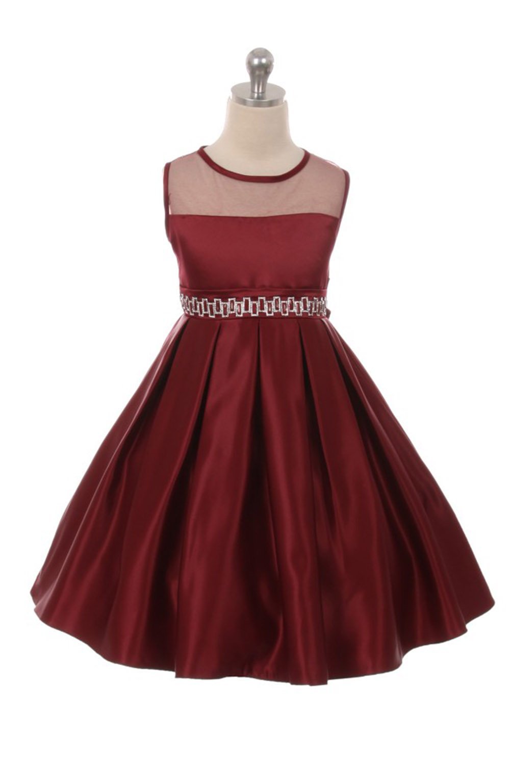 Burgundy Solid Satin Contrast Organza Sleeveless Flared Dress 