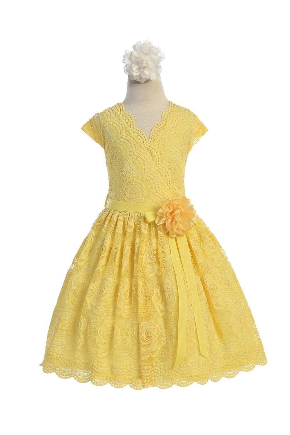 Yellow Flower Border Stretch Lace Dress with Belt