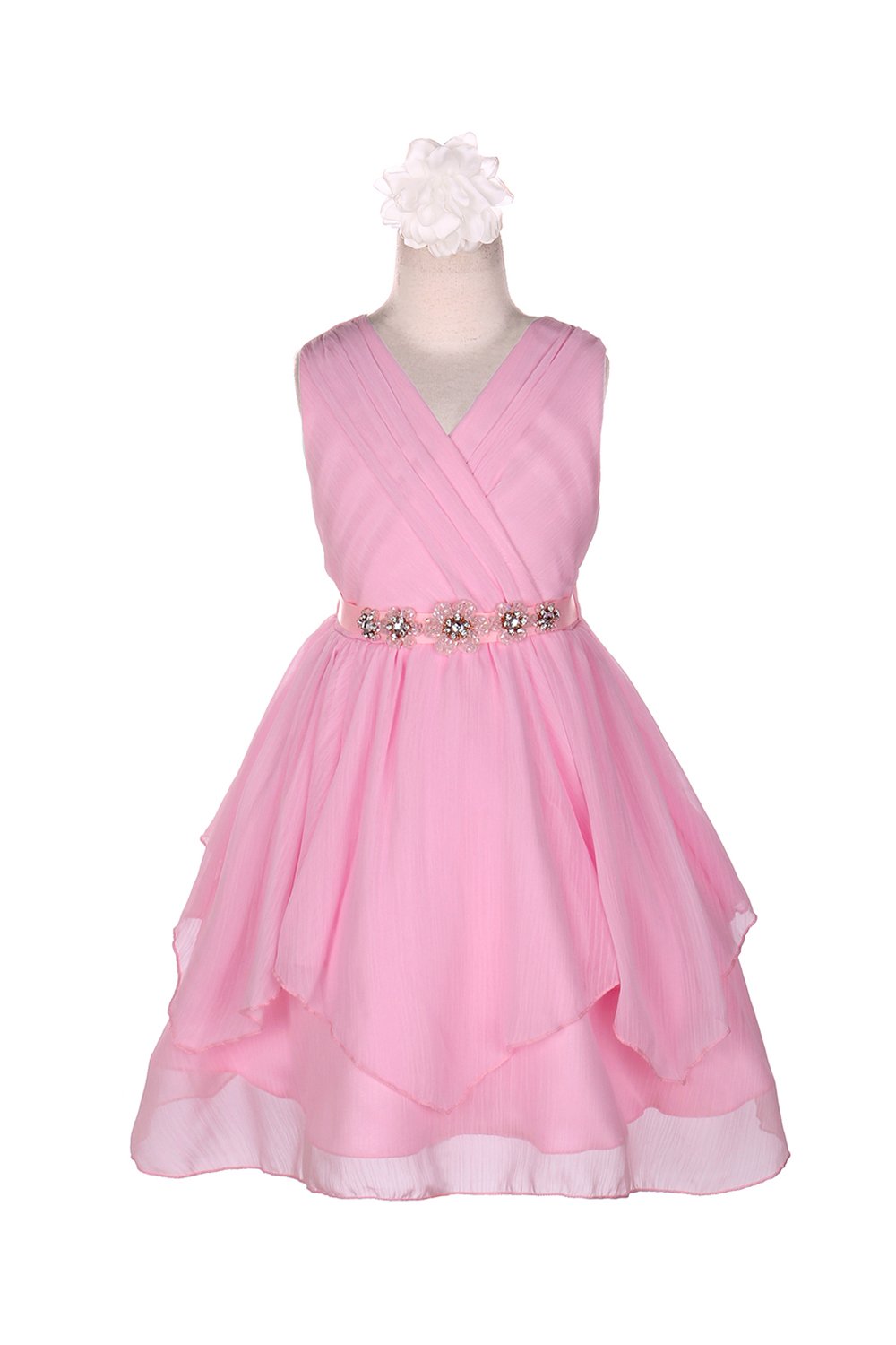 Pink  V-Neck Flower Belt Chiffon Dress
