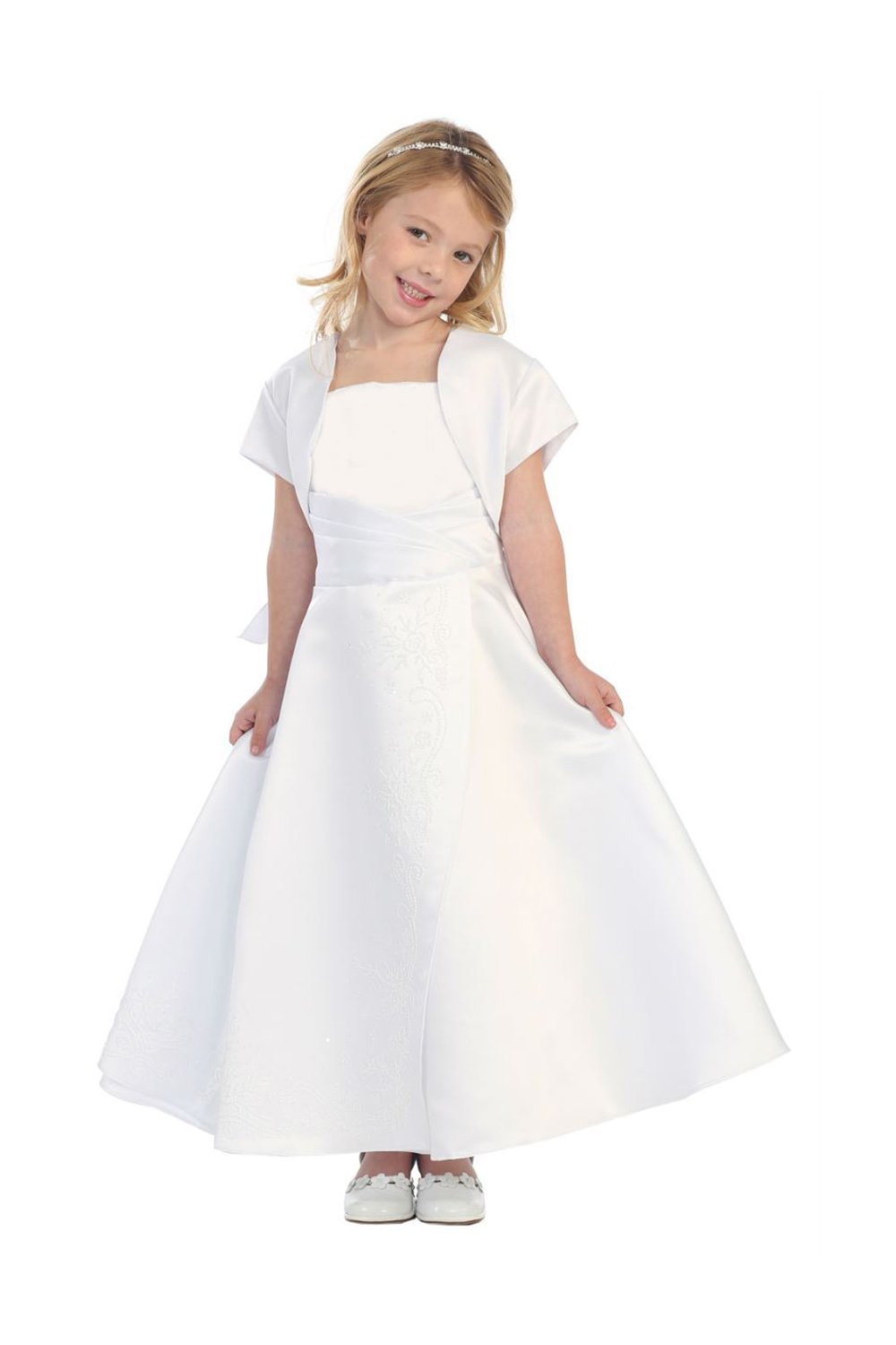 White Caviar Beaded Satin Communion Dress and a Bolero Set White Caviar Beaded Satin Communion Dress and a Bolero Set