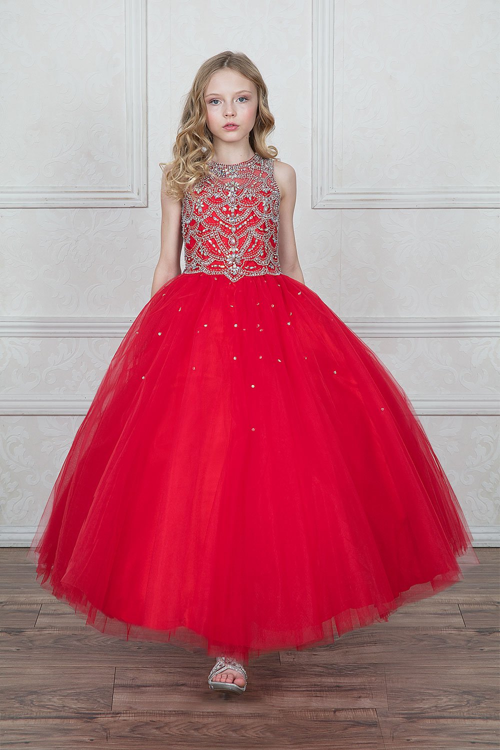 Red Beautiful Jeweled on Bodice Ball Gown Dress