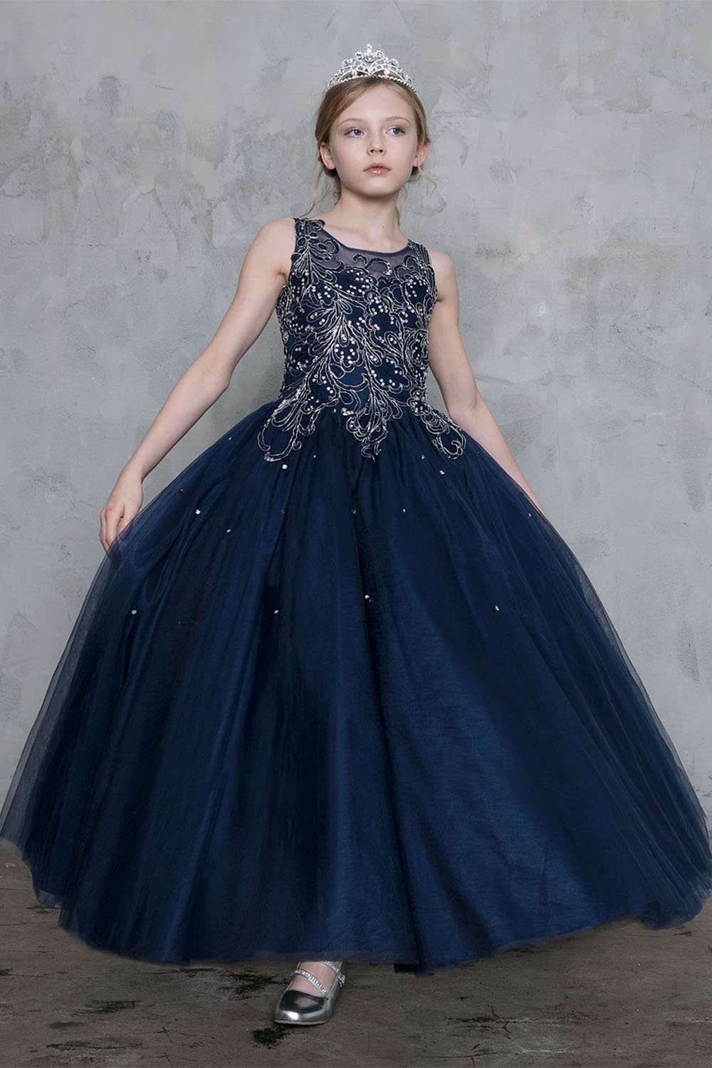 Navy/Silver Beautiful Jeweled on Bodice Ball Gown Dress