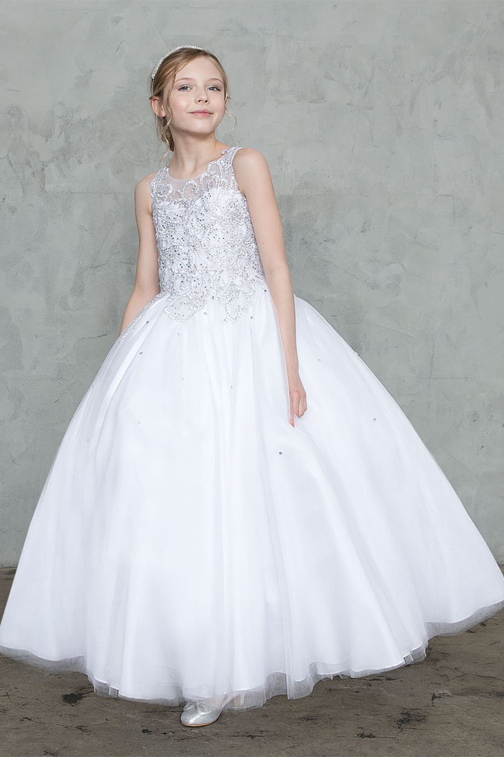 White/Silver Beautiful Jeweled on Bodice Ball Gown Dress