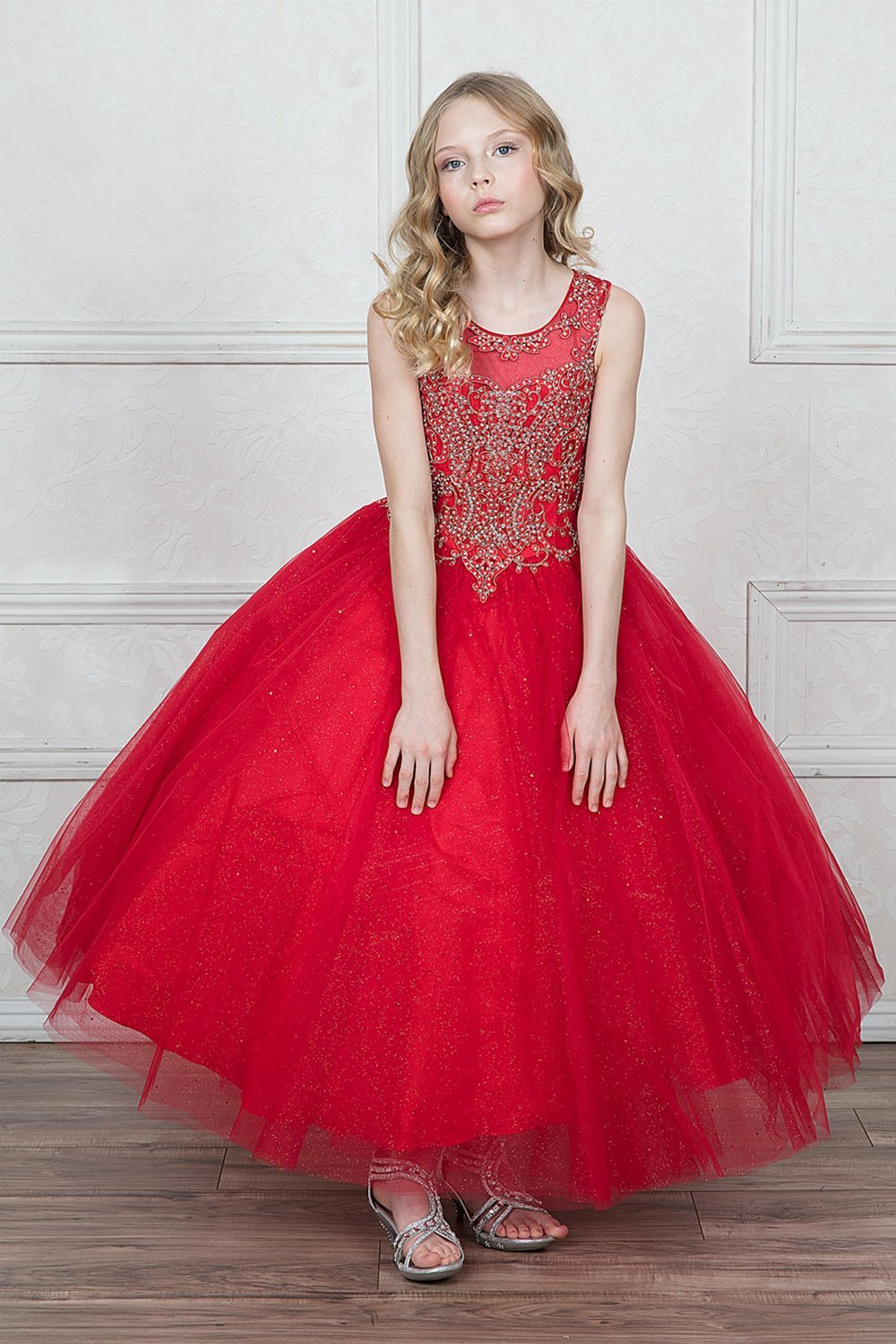 Red Beautiful Jeweled on Bodice Ball Gown Dress