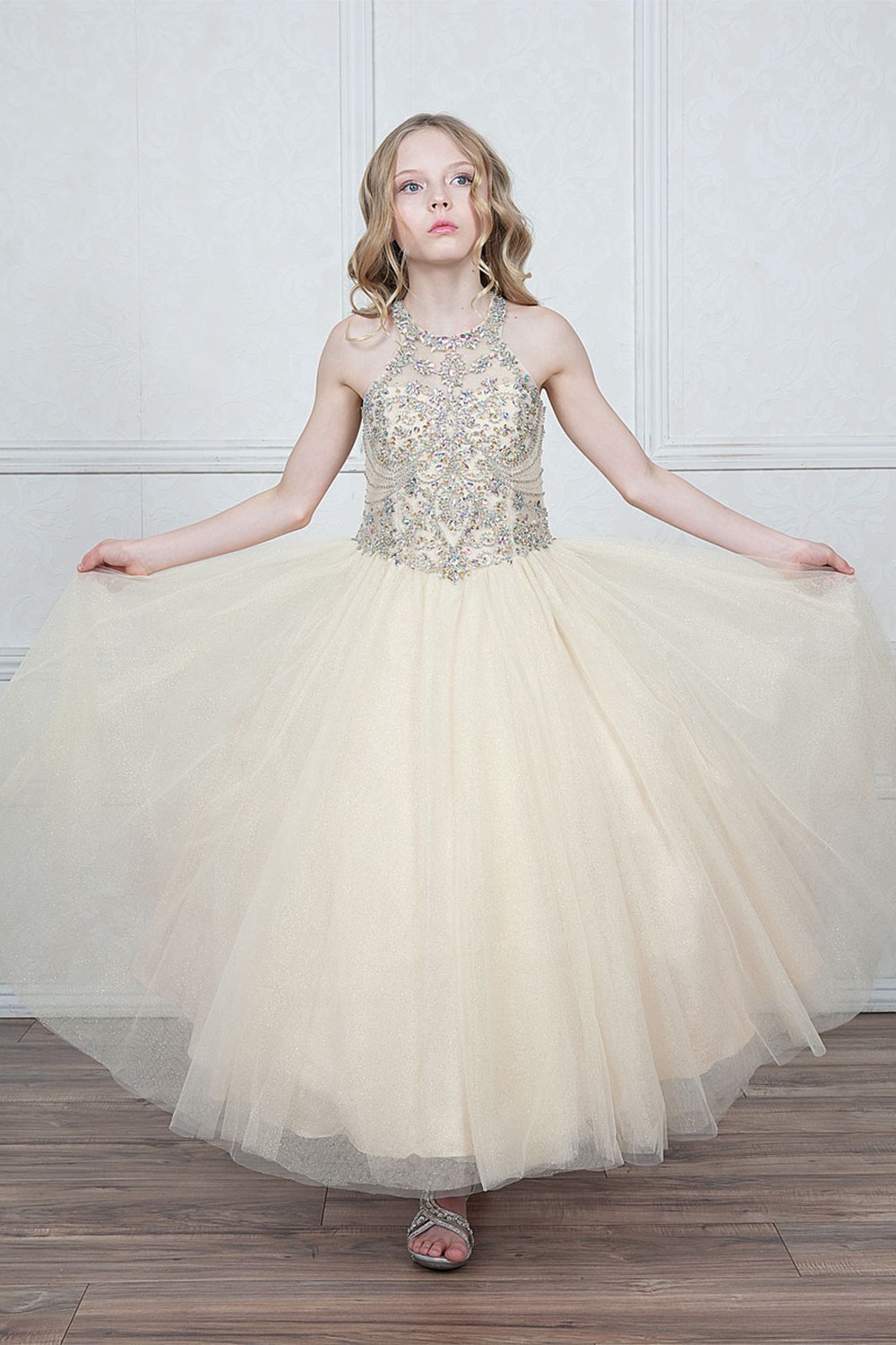 Champagne Gold Beautiful Jeweled on Bodice Ball Gown Dress