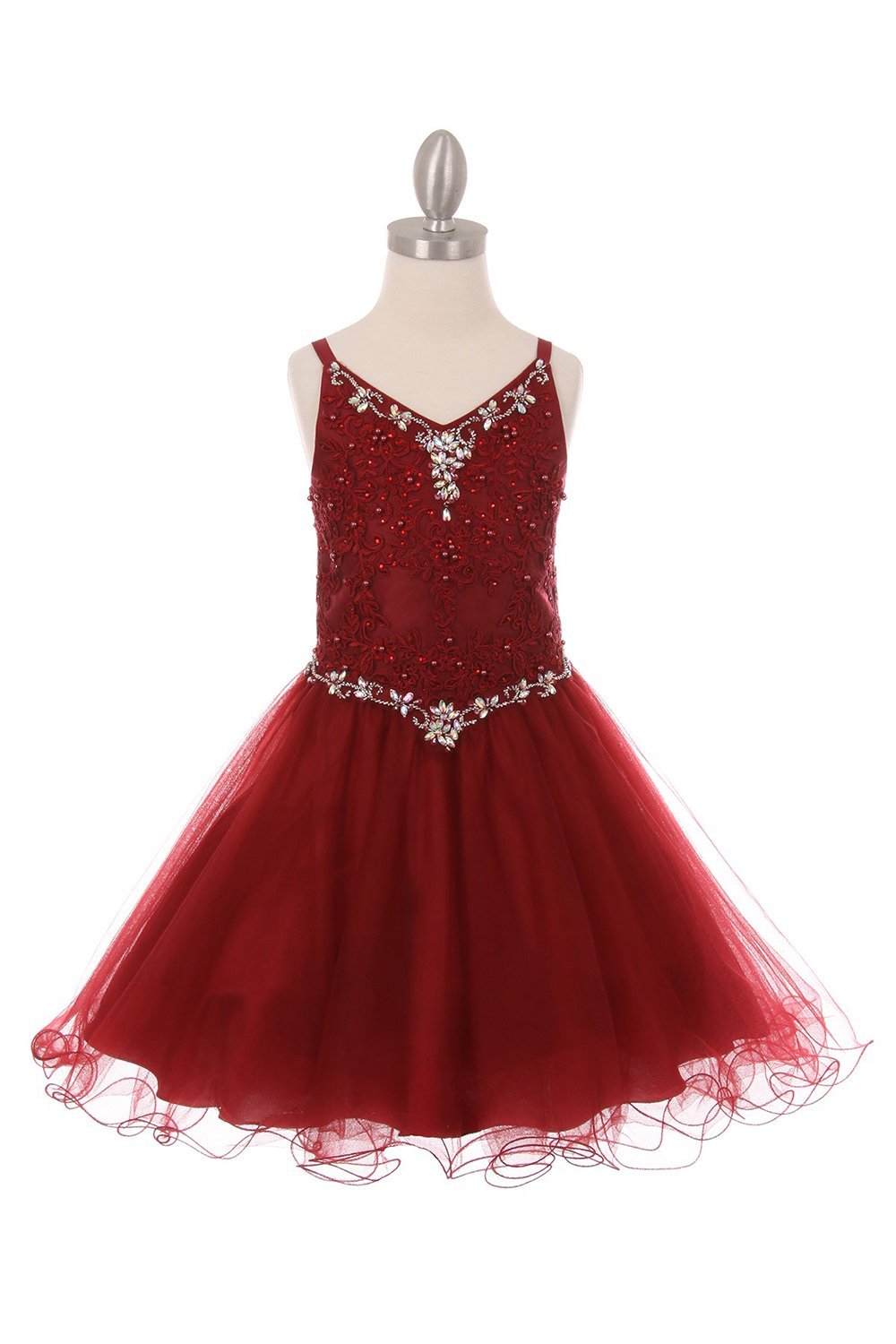 Burgundy V Neck AB stone Party Short Tulle Dress