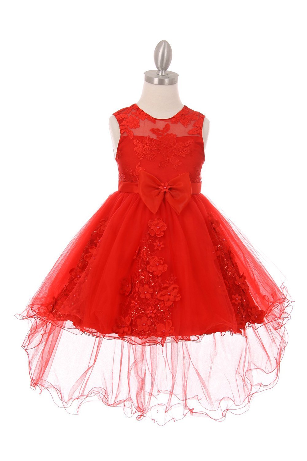 Red Elegant 3D Pearl Beaded Bow Dress With Layered Hi-Low Wired Skirt