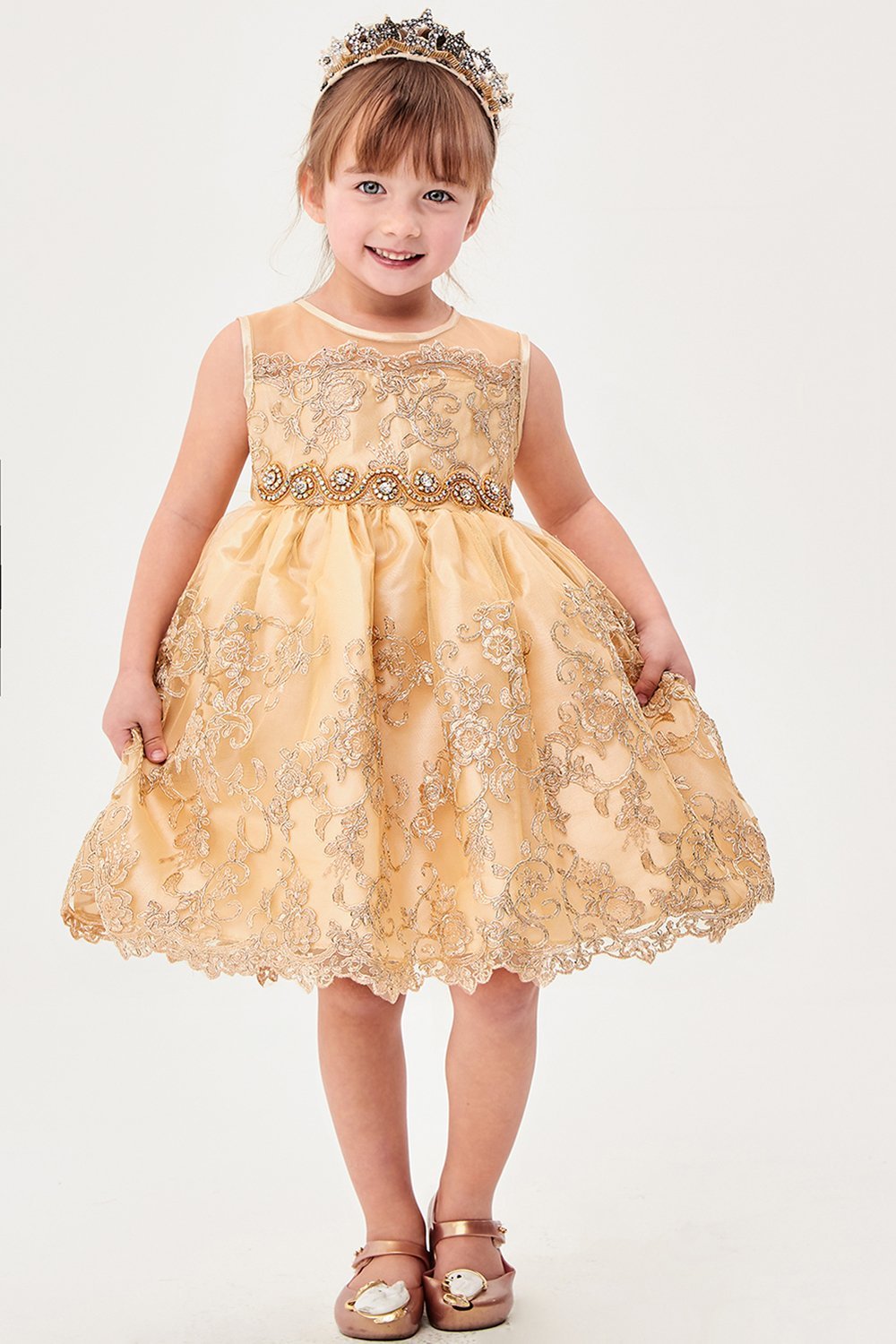 Champagne Embroidery Floral Mesh Sleeveless Dress