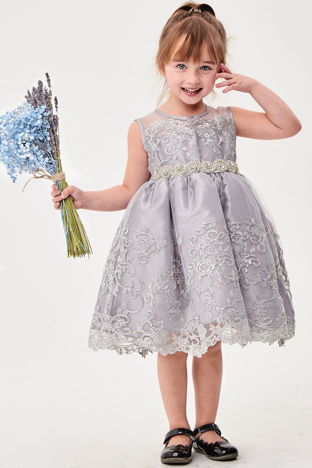 Silver Embroidery Floral Mesh Sleeveless Dress