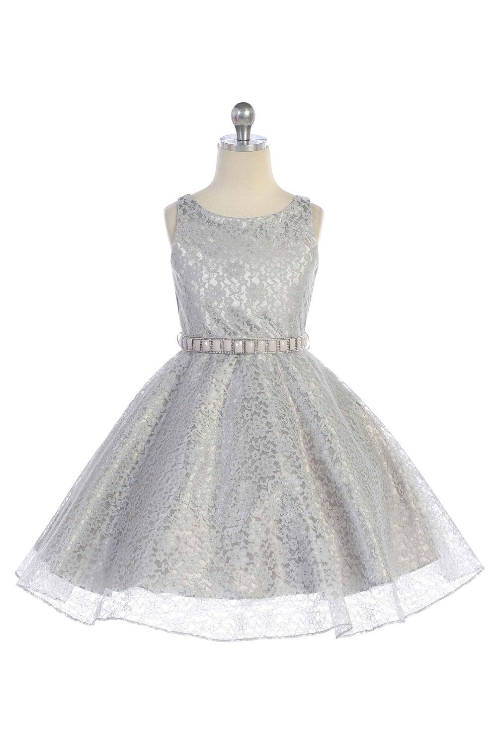 Silver Floral Pattern Flower Girl Dress