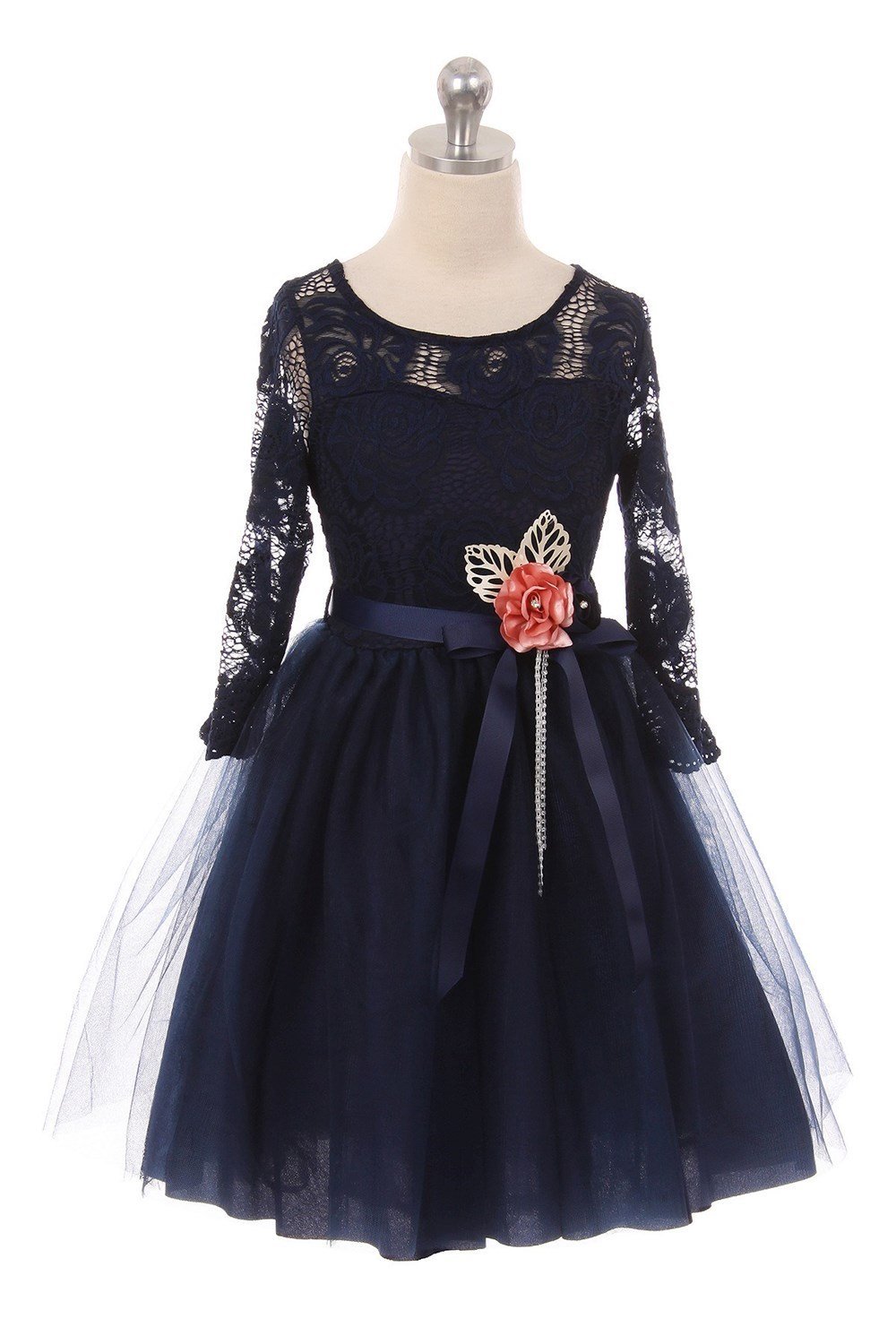 Navy Long Sleeve Flower Lace Dress with Belt