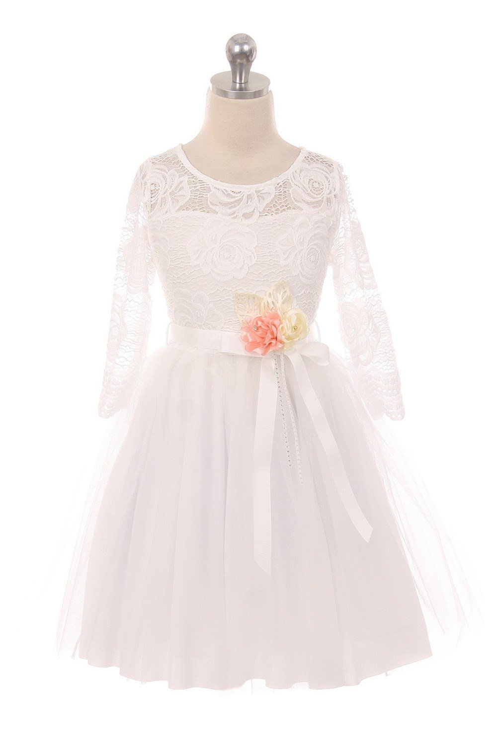 Off White Long Sleeve Flower Lace Dress with Belt