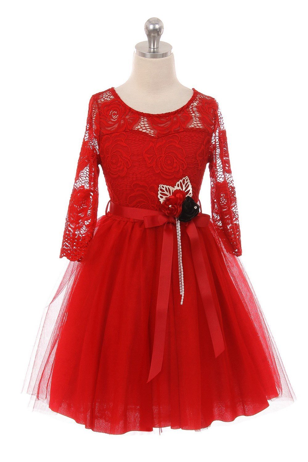 Red Long Sleeve Flower Lace Dress with Belt
