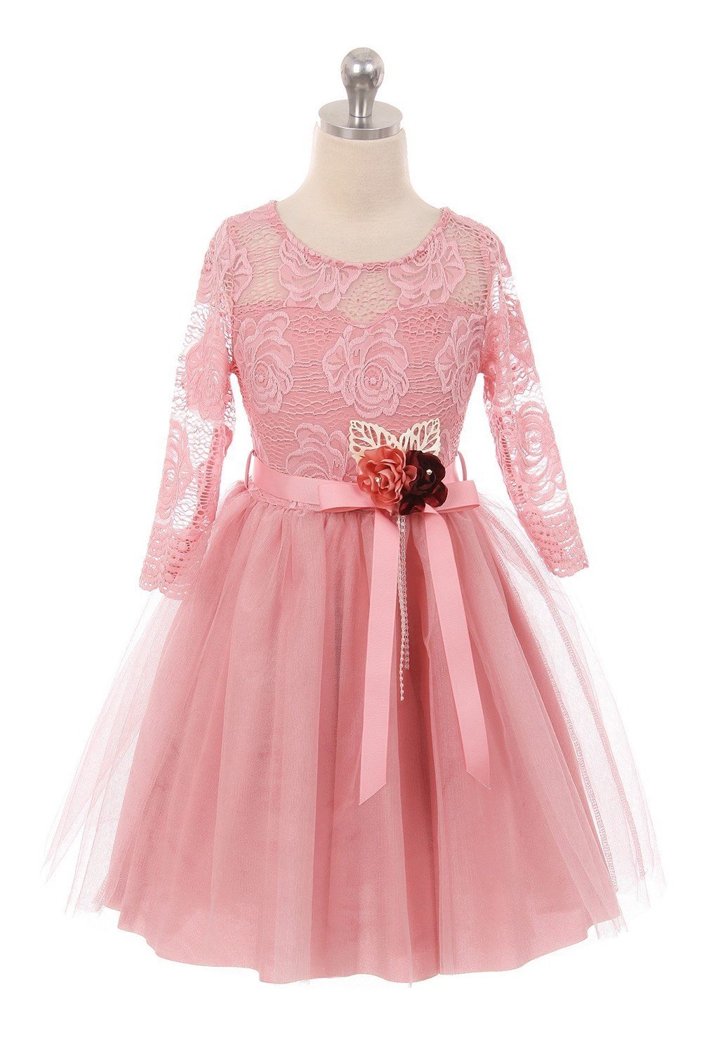 Rose Long Sleeve Flower Lace Dress with Belt