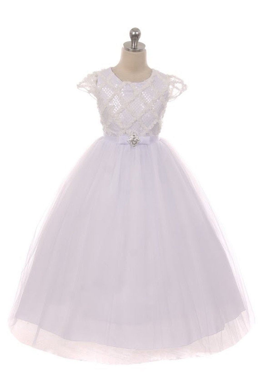 White Rhombus Clear Sequins Communion Long Dress