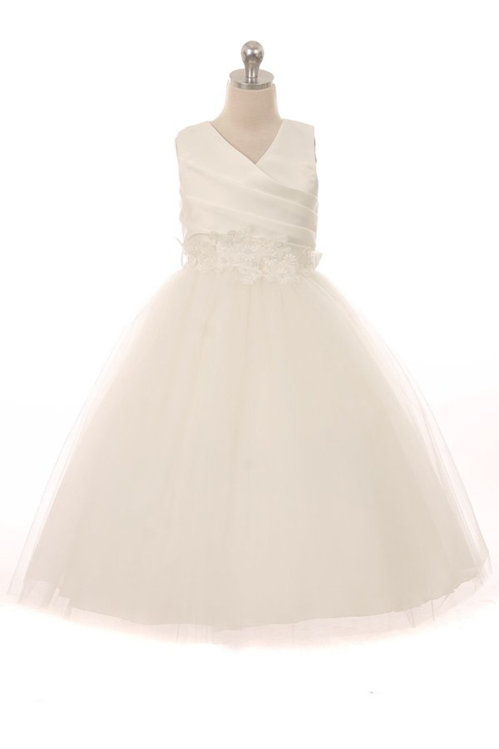 Ivory Sleeveless Satin & Tulle Flower Girl Dress with Lace Belt Ivory Sleeveless Satin & Tulle Flower Girl Dress with Lace Belt