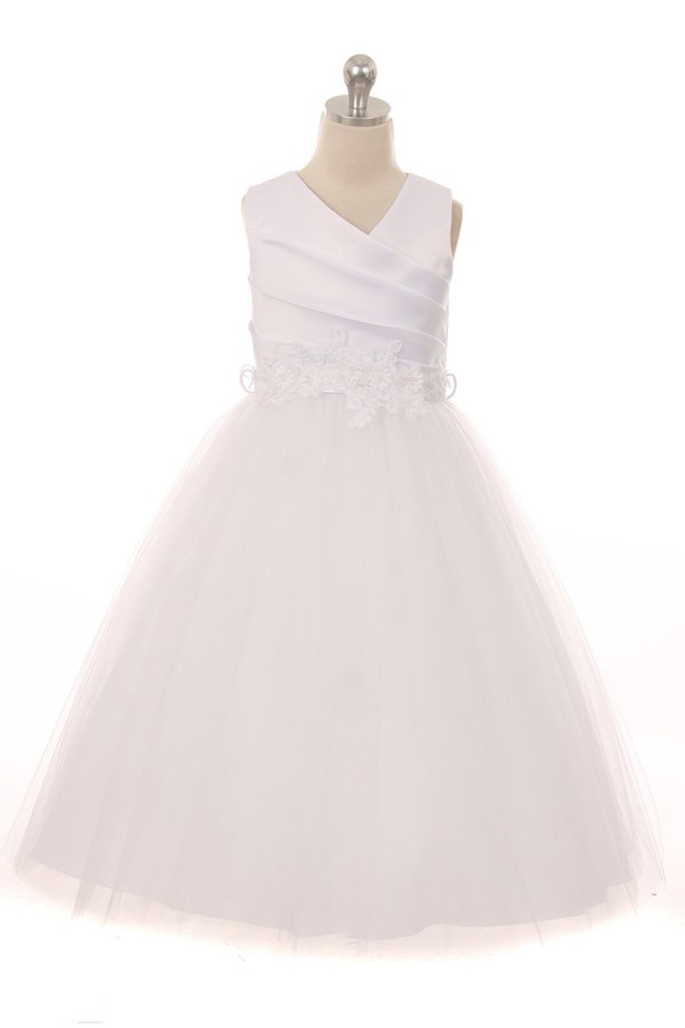 White Sleeveless Satin & Tulle Flower Girl Dress with Lace Belt White Sleeveless Satin & Tulle Flower Girl Dress with Lace Belt