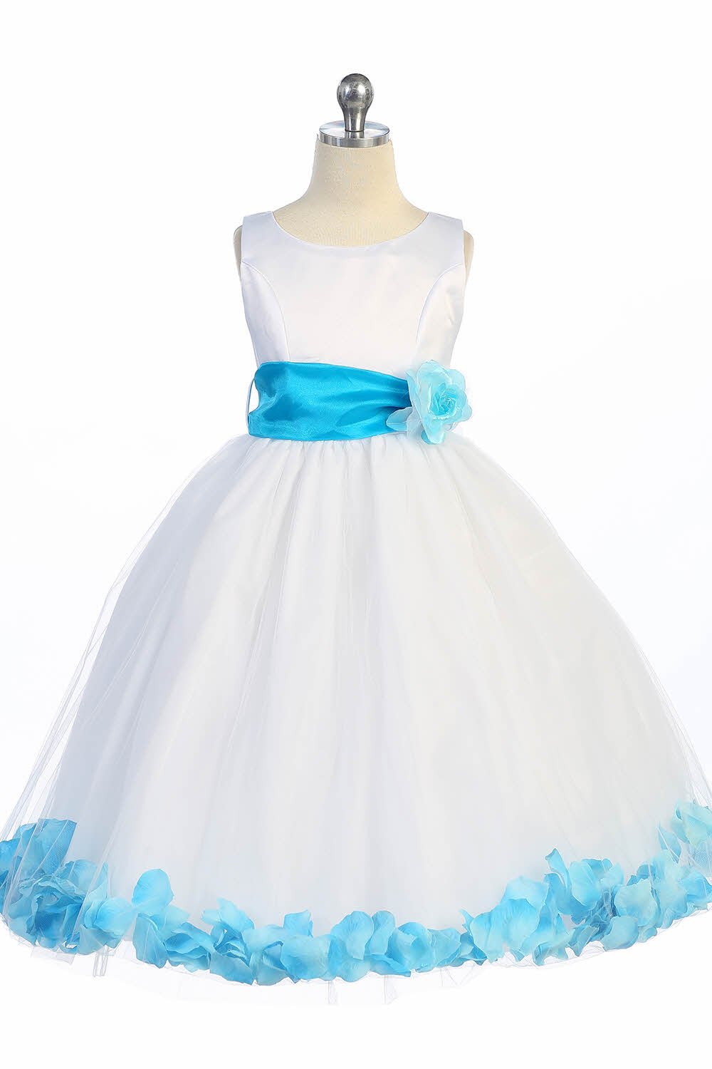 White/Turquoise Satin & Tulle Petal Flower Girl Dress with Sash & Flower White/Turquoise Satin & Tulle Petal Flower Girl Dress with Sash & Flower