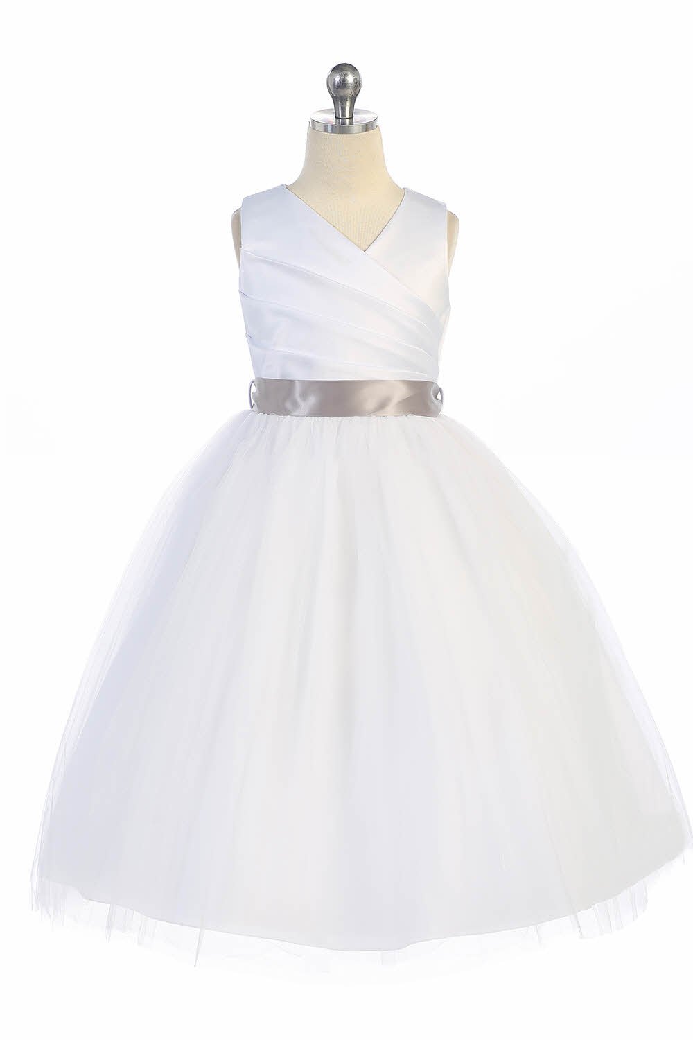 White/Silver Elegant Satin & Tulle Flower Girl Dress