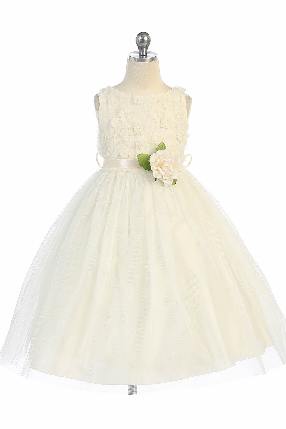 Ivory Sleeveless Tulle Dress with Mesh Rolled Flowers Flower Girl Dress