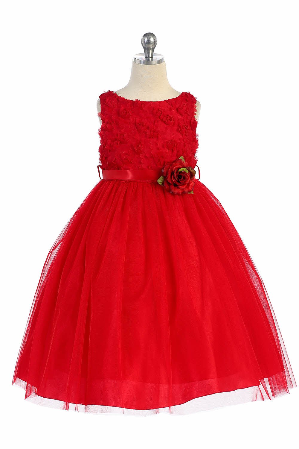 Red Sleeveless Tulle Dress with Mesh Rolled Flowers Flower Girl Dress